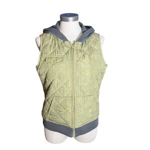 RuffHewn Womens PL Green Plaid Quilted Hooded Full Zip Vest Grey Trim